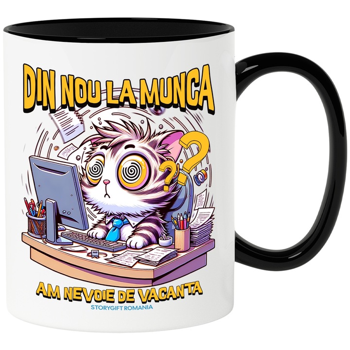 Cana din nou la munca pisica la birou work from home, 330ml, Ceramica cu Maner Negru