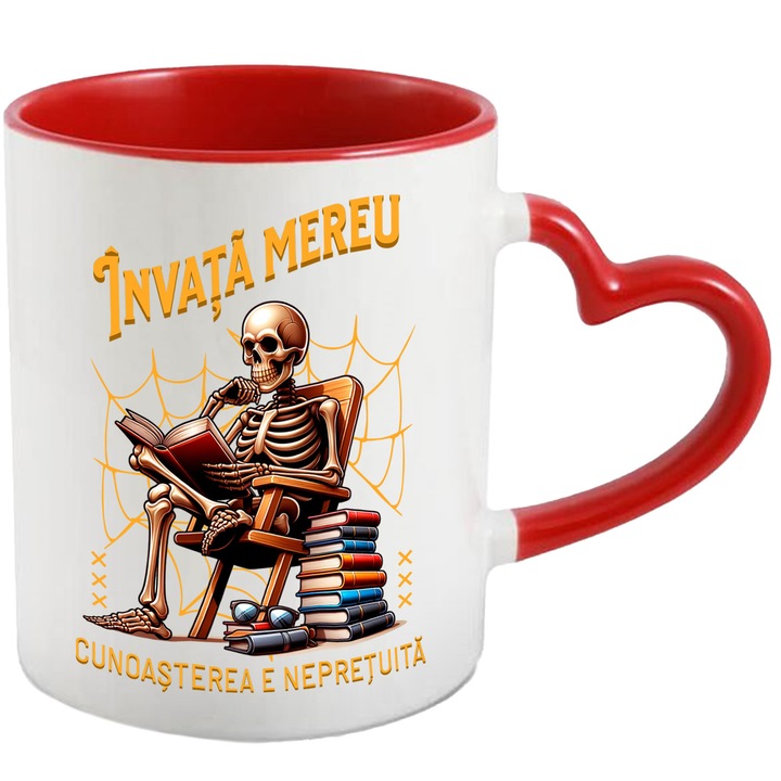 Cana invata mereu, cunoasterea e nepretuita schelete, 330ml, Ceramica cu Maner Inima Rosie