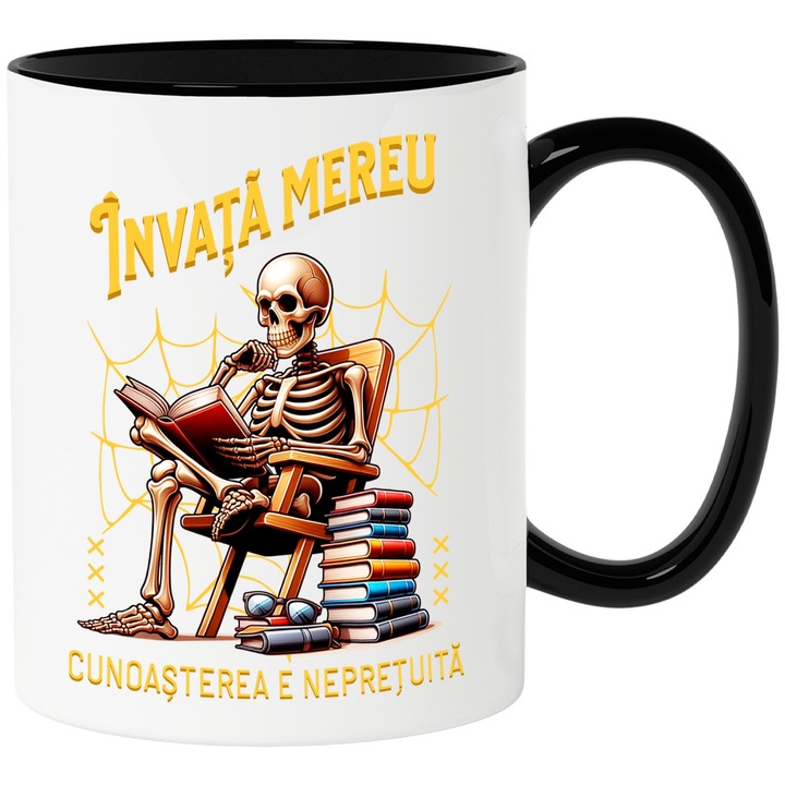 Cana invata mereu, cunoasterea e nepretuita schelete, 330ml, Ceramica cu Maner Negru