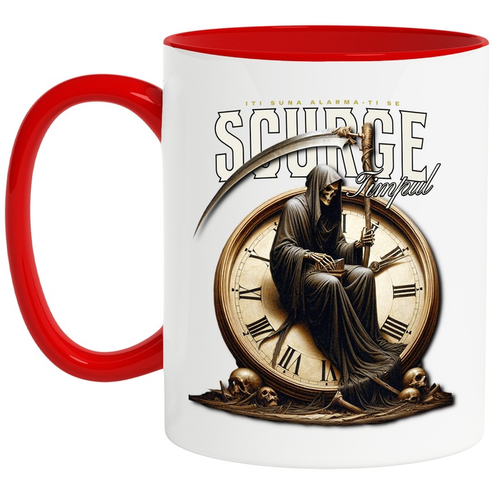 Cana moartea pe ceas asteptand sa ti se scurga timpul, 330ml, Ceramic cu Maner Rosu