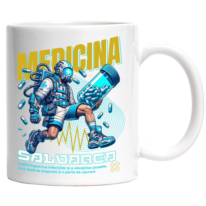 Cana Medicina salvarea omenirii santate om cu pastile, 330ml, Ceramic cu Maner Alb