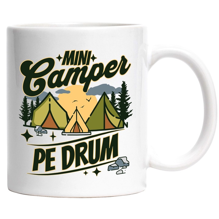 Cana Mini camper pe drum, familie, drumetie, padure, 330ml, Ceramic cu Maner Alb