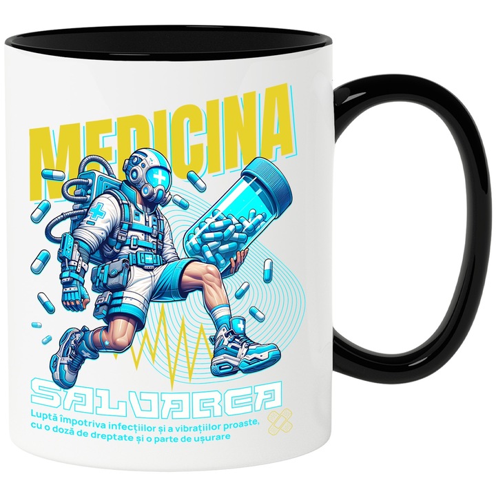 Cana Medicina salvarea omenirii santate om cu pastile, 330ml, Ceramica cu Maner Negru