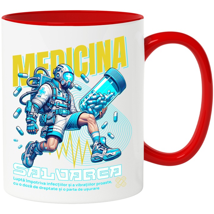 Cana Medicina salvarea omenirii santate om cu pastile, 330ml, Ceramic cu Maner Rosu