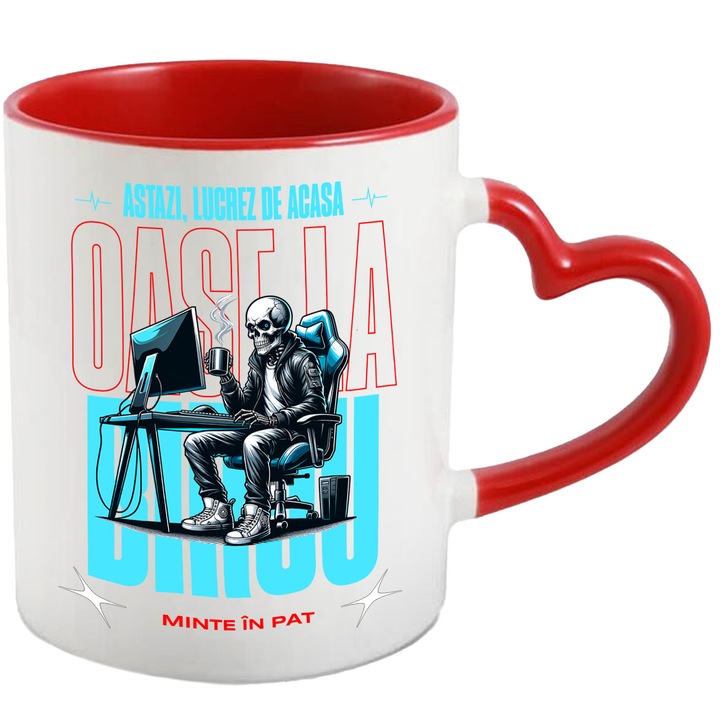 Cana Schelete birou lucru de acasa mine in pat haios, 330ml, Ceramica cu Maner Inima Rosie