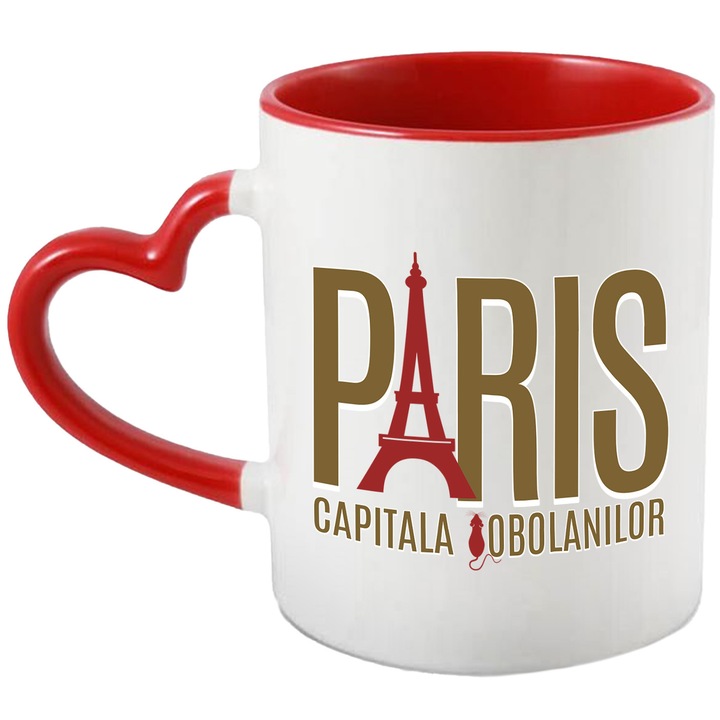 Cana Turnul Eiffel Paris Oras Text Capitala Sobolanilor, 330ml, Ceramica cu Maner Inima Rosie