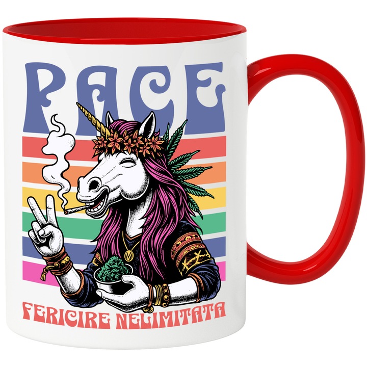 Boldog unikornis csésze béke és korlátlan boldogság, relaxáció, 330ml, kerámia piros fogantyúval