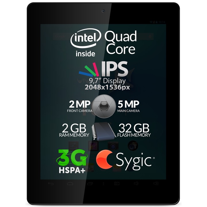 Allview Viva i10G tablet, Intel® Atom™ Quad-Core 1.83GHz-es processzorral, 9.7", Retina LCD, 2GB RAM, 32GB, Wi-Fi, 3G, Bluetooth, Android 4.4 KitKat, Fekete