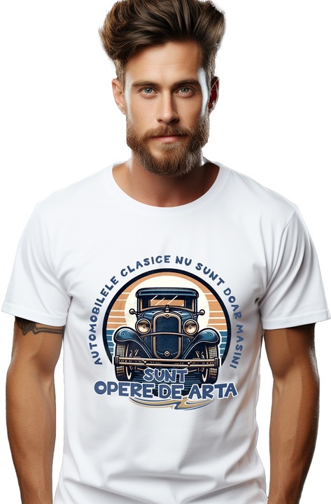 Tricou Barbati automobilele clasice sunt opera de arta masina cu imprimeu pe Fata, 100% Bumbac, Alb, S