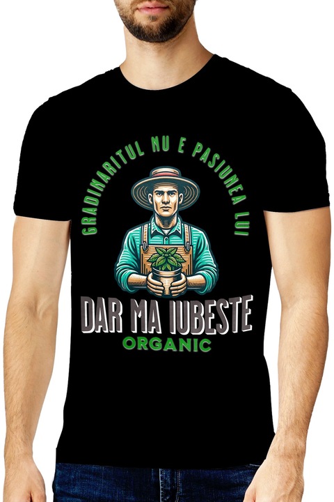 Tricou Barbati gradinaritul nu este pasiunea lui dar ma iubeste, sot, iubire, gradinarit cu imprimeu pe Fata, 100% Bumbac, Negru, M