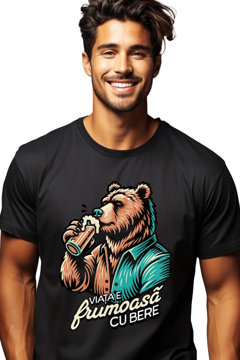 Tricou Barbati Viata e frumoasa cu bere urs cu halba cu imprimeu pe Fata, 100% Bumbac, Negru, M