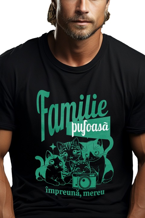 Tricou Barbati Familie pufoasa impreuna mereu animale pisici cu imprimeu pe Fata, 100% Bumbac, Negru, XS