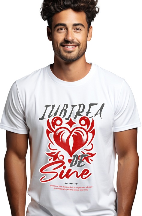Tricou Barbati Iubirea de sine inima self love cu imprimeu pe Fata, 100% Bumbac, Alb, L