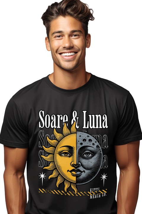 Tricou Barbati Soarele si Luna, yin si yang galaxie cu imprimeu pe Fata, 100% Bumbac, Negru, XL