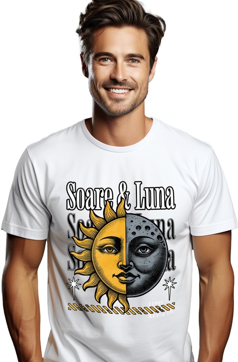 Tricou Barbati Soarele si Luna, yin si yang galaxie cu imprimeu pe Fata, 100% Bumbac, Alb, L