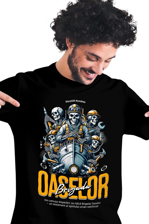 Tricou Barbati Brigada Oaselor grup de schelete de oameni filme cu imprimeu pe Fata, 100% Bumbac, Negru, S