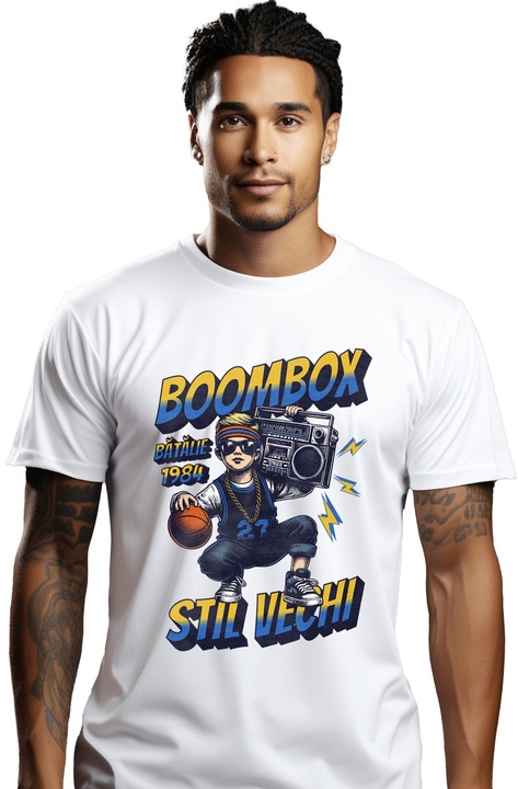 Tricou Barbati Baiat cu minge baschet Stil Vechi cu imprimeu pe Fata, 100% Bumbac, Alb, XS