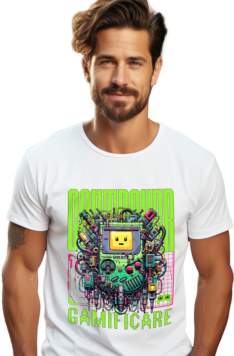Tricou Barbati Aparat gamer realitatea virtuala iubitorii joc cu imprimeu pe Fata, 100% Bumbac, Alb, XS