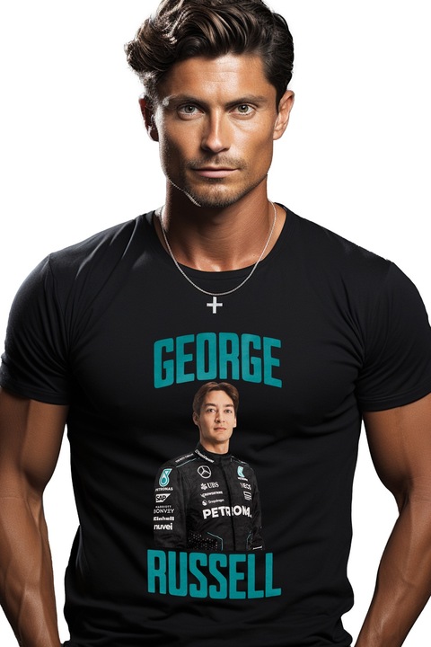 Мъжка тениска George Russell professional race formula 1 speed с щампа отпред, 100% памук, черна, M