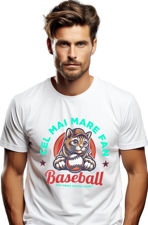 Tricou Barbati pisica motan cel mai mare fan baseb4ALL iubire cu imprimeu pe Fata, 100% Bumbac, Alb, S