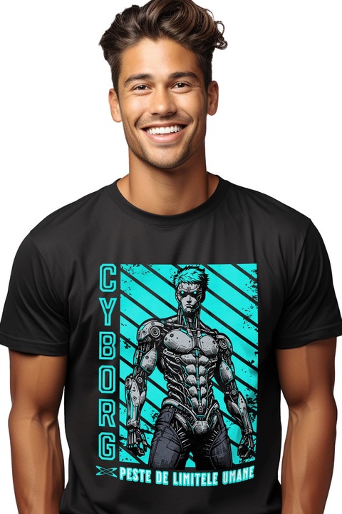 Tricou Barbati Robot barbat Cyborg. Peste de limitele umane cu imprimeu pe Fata, 100% Bumbac, Negru, XS
