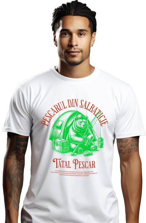 Tricou Barbati Tatal pescar urs stand la pescuit cort familie cu imprimeu pe Fata, 100% Bumbac, Alb, XS