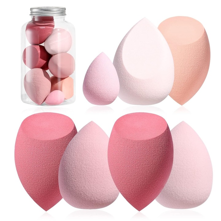 Set aplicatoare machiaj Zeaicos 7 piese, spongii pentru lichid, crema si pudra, roz, usor de transportat