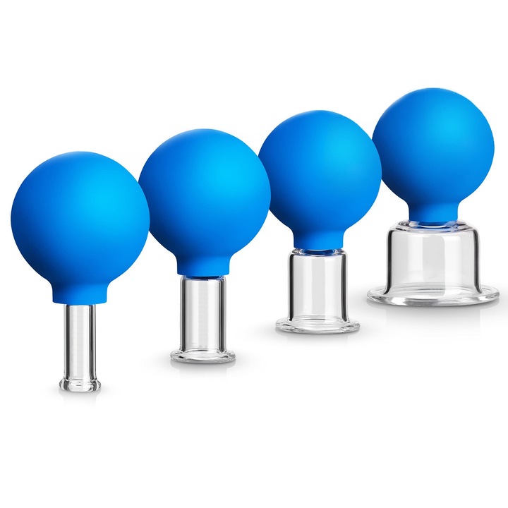 Set 4 cupe de masaj cu ventuze, Cozevdnt, silicon, albastru, diametru tub 15x25x35x55mm, diametru bila 55mm, inaltime totala 95mm