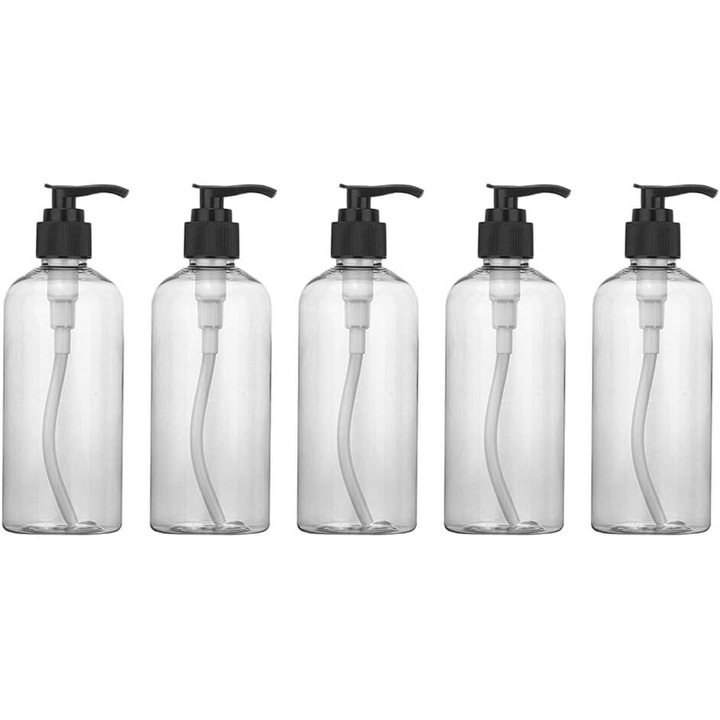 Set de 5 dispensere pentru lichide, Zeaicos, plastic, 100ml, negru, 4.1x4.1x12.9cm