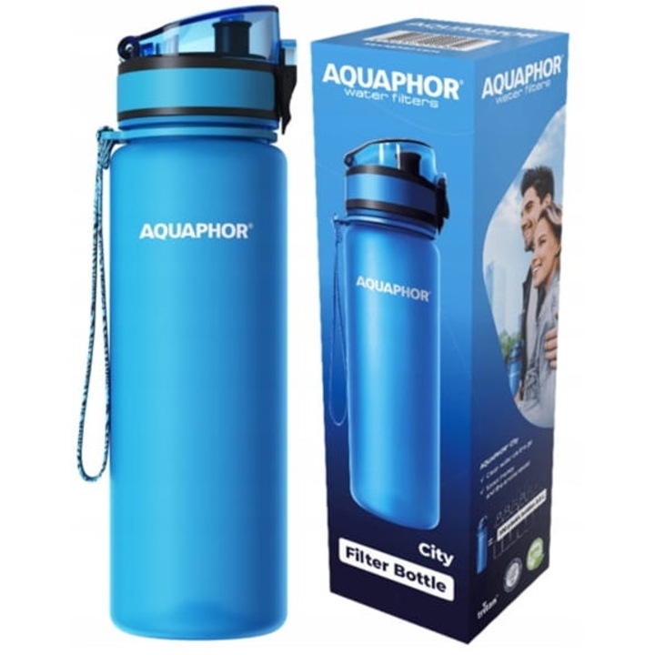 Sticla cu filtru de apa Aquaphor, City, 800 ml, din Tritan si fara BPA, cu carbune activat, albastru