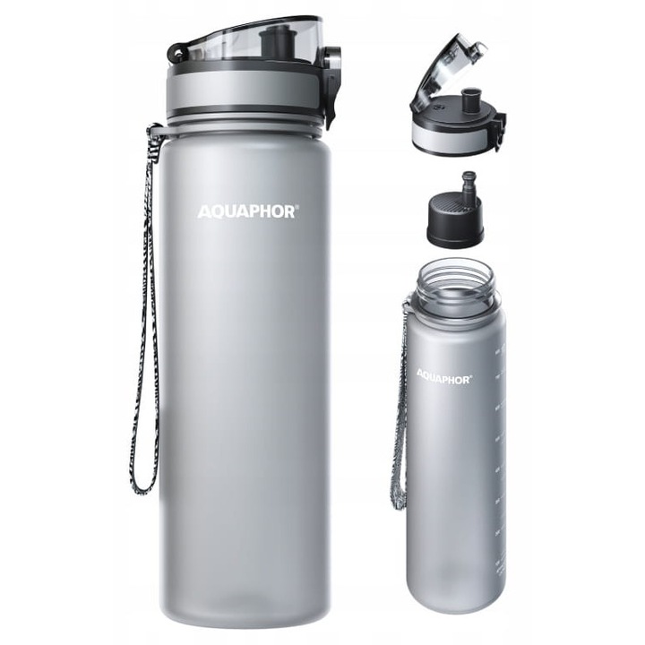 Sticla cu filtru de apa Aquaphor, City, 800 ml, din Tritan si fara BPA, cu carbune activat, gri