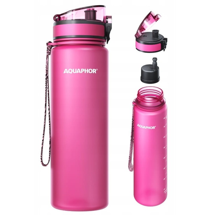 Sticla cu filtru de apa Aquaphor, City, 800 ml, din Tritan si fara BPA, cu carbune activat, roz