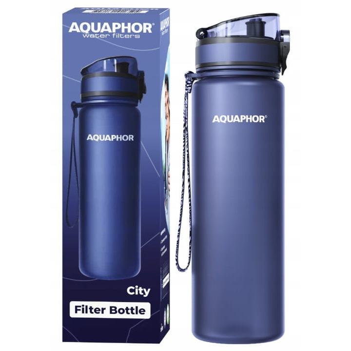 Sticla cu filtru de apa Aquaphor, City, 800 ml, din Tritan si fara BPA, cu carbune activat, Albastru
