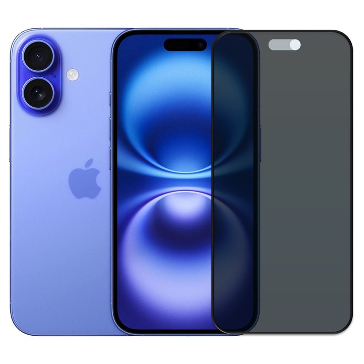 Folie din sticla securizata pentru Apple iPhone 16, HAMSTERBOX Privacy Shield, Protectie completa ecran, Full face, Aplicare rapida, Case Friendly, Negru