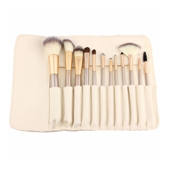 Set de 12 pensule de machiaj, Zeaicos, multicolor, cu suport solid, inclusa geanta crem.