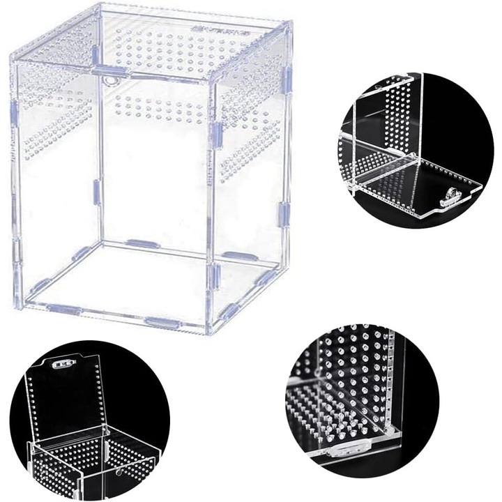 Cutie insecte pentru reptile, AMRINUGL, acril, transparent, 195 orificii ventilatie, 8x7x10cm