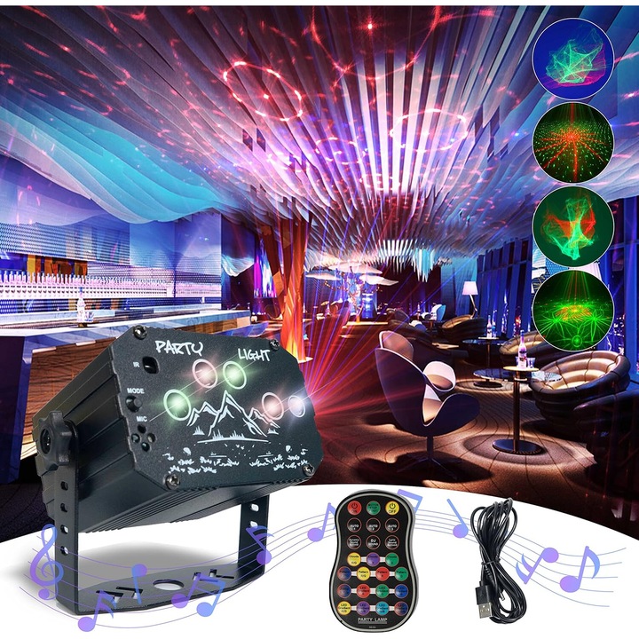 Diszkógömb vezeték nélküli távirányítóval és USB kábellel - LED-es partifény hangvezérléssel - 360°-os forgás Halloweenre, Karácsonyra, Klubba, Partira, Ünnepekre (R90)