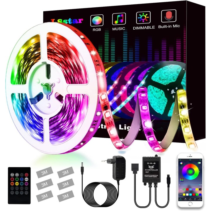 Benzile LED multicolore Enforose, 5m, luminozitate ajustabila, instalare usoara