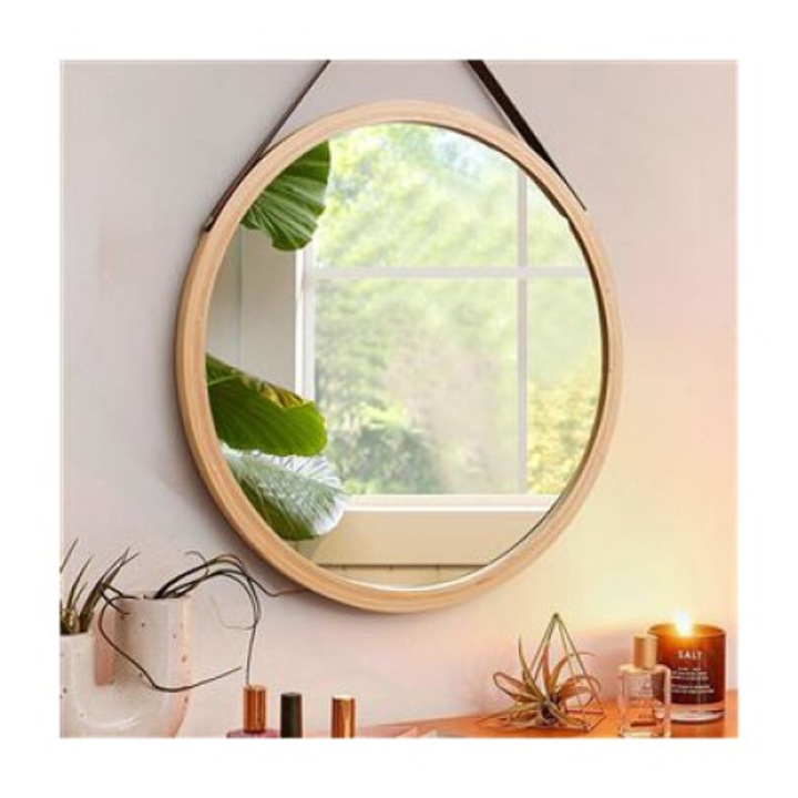 Oglinda de perete rotunda 45 cm, cadru din lemn de bambus, cu suport din piele, decorativa pentru baie sau dormitor