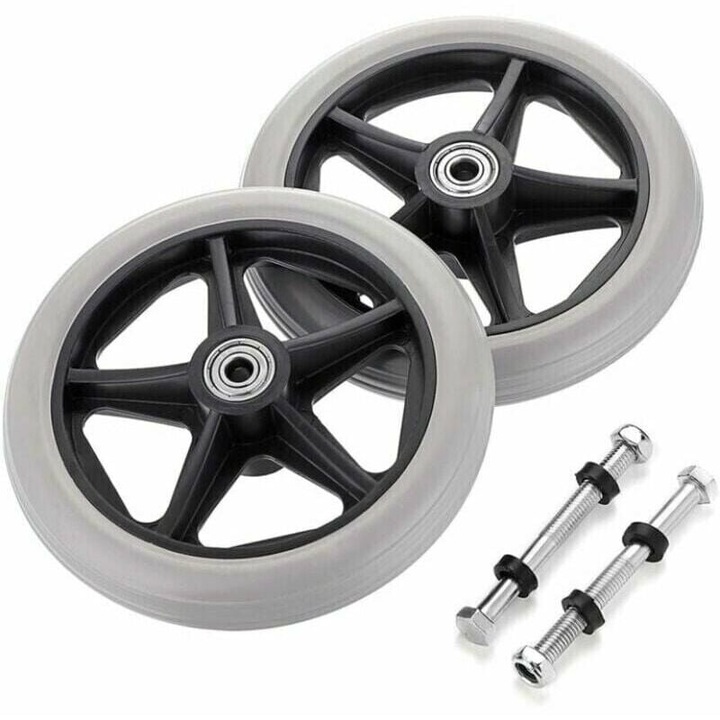 Set 2 roți de schimb pentru scaun cu rotile, Bizaical, cauciuc, gri, 150x24mm, axuri incluse