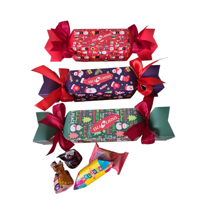Set 3 bomboane de carton cu mix de bomboane Bucuria, 140g/cutie, 420g/set