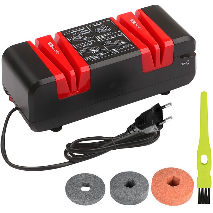 Ascutitor de cutite electric profesionist de prima alegere a bucatarului, ascutitor de cutite automat multifunctional cu sistem de ascutire dual, ascutire rapida a cutitelor si lustruire pentru bucatarie de acasa, design compact (rosu) Enforose