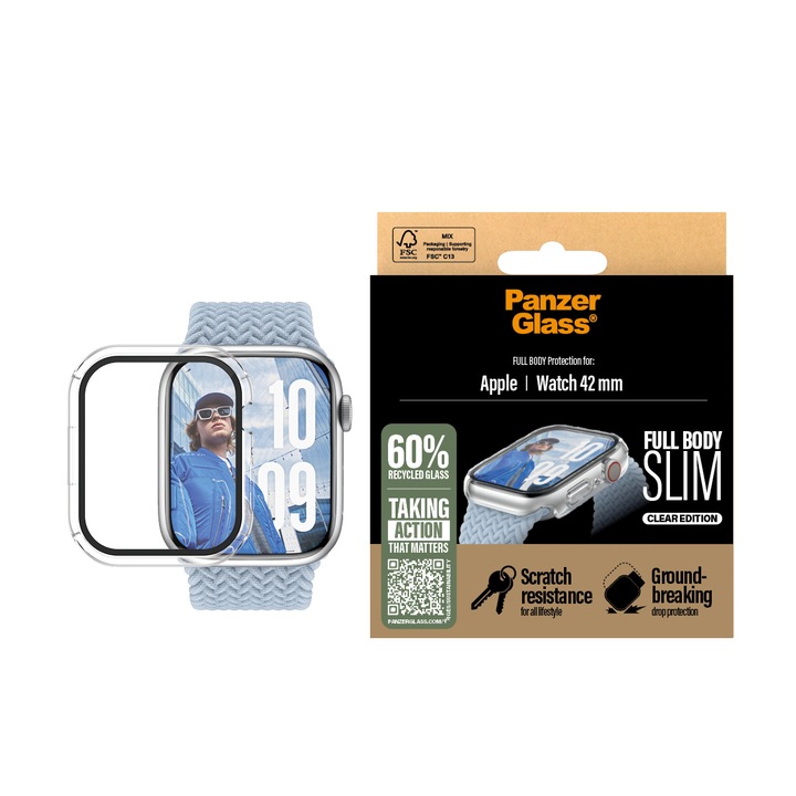 PanzerGlass óraüvegvédő 42 mm-es Apple Watchhoz, Snappie, teljes test vékony, átlátszó