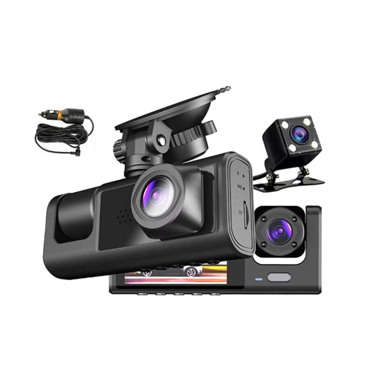 Видеорегистратор за автомобил 1TECH C309, С 3 Камери, G-Sensor, Full HD, Нощно Виждане, Черен