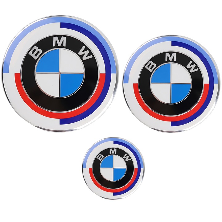 Set embleme auto BMW 50 de ani, 47mm, 73mm, 82mm, albastru si alb