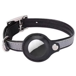 Zgarda Anti Pierdere, Animale mici, Suport pentru Airtag, Reflectorizanta, Leather look, Negru/Gri