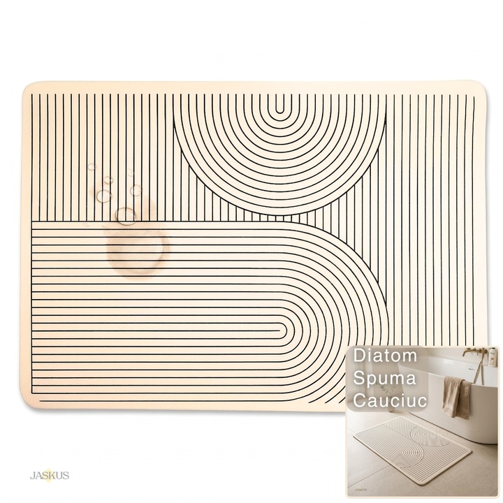 Covor de Baie Universal, Jaskus®, Spuma de Silicon si Diatom, Ultra Absorbant, 0.4cm, Antiderapant, Model Nordic, 50x80cm