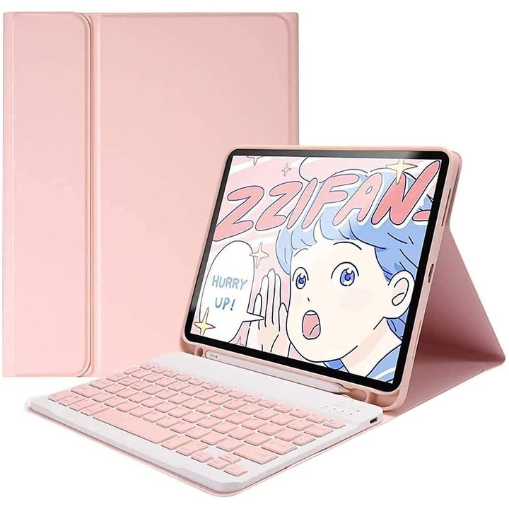 Калъф с клавиатура, съвместим с iPad 10th 10.9", Axroad Mall, безжичен, Bluetooth, поддръжка на Apple Pencil/Stylus Pen, силиконова мембрана на клавиатурата, регулируеми ъгли, лесен за използване, еко кожа, розов