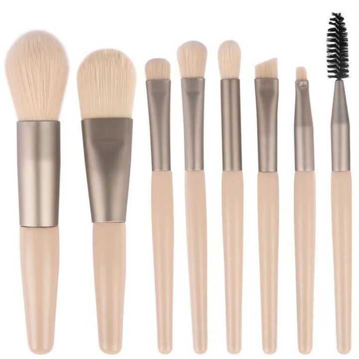 Set de 8 mini pensule de machiaj, portabile, material Premium, intretinere usoara, make-up profesional, peri matasosi, design compact, model bej