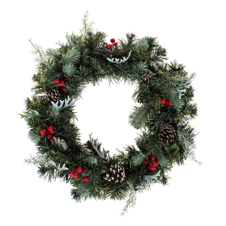 Коледен венец, 49 см, с LED, шишарки и червени боровинки, зелен, UnderShop